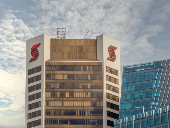 The top of the Scotia Tower building a 35-storey office tower in Vancouver. Scotiabank bank